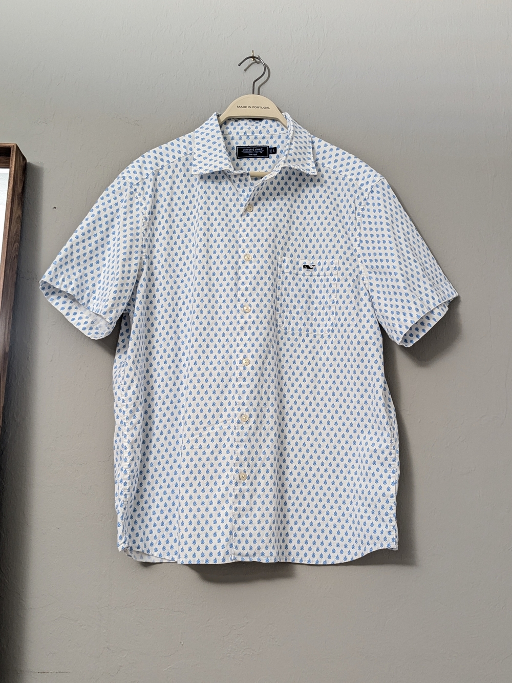 Vineyard Vines Mens Large White Floral All Over Print Short Sleeve Button Down